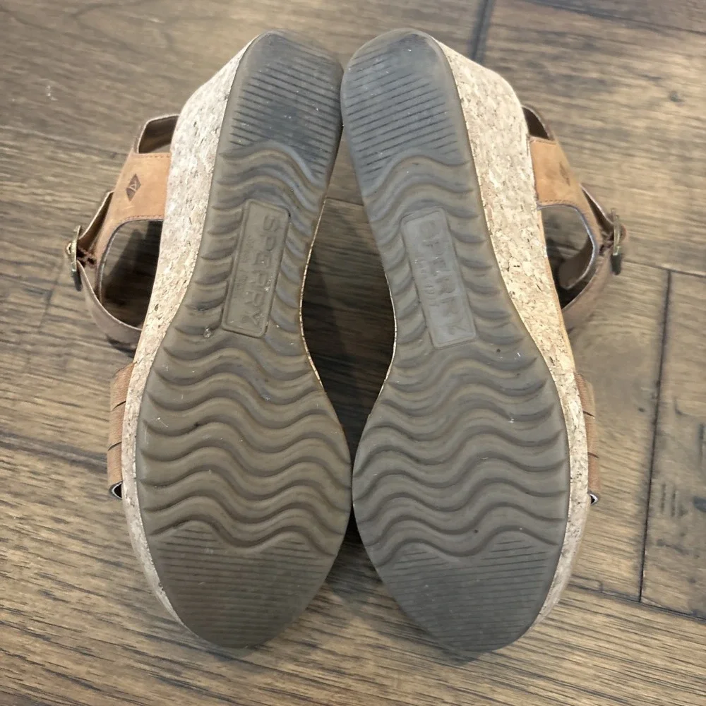 Sperry Top-Sider Women's 7M Dawn Echo Open‎ Toe Leather Tan Wedge Sandal